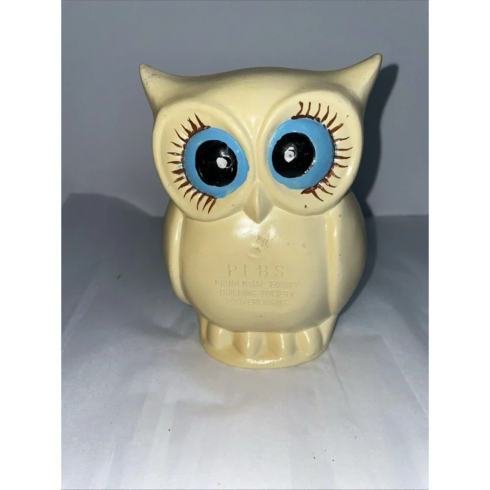Vtg PEBS Owl Plastic Coin Bank Prudential Equity London England No Stopper 60’s